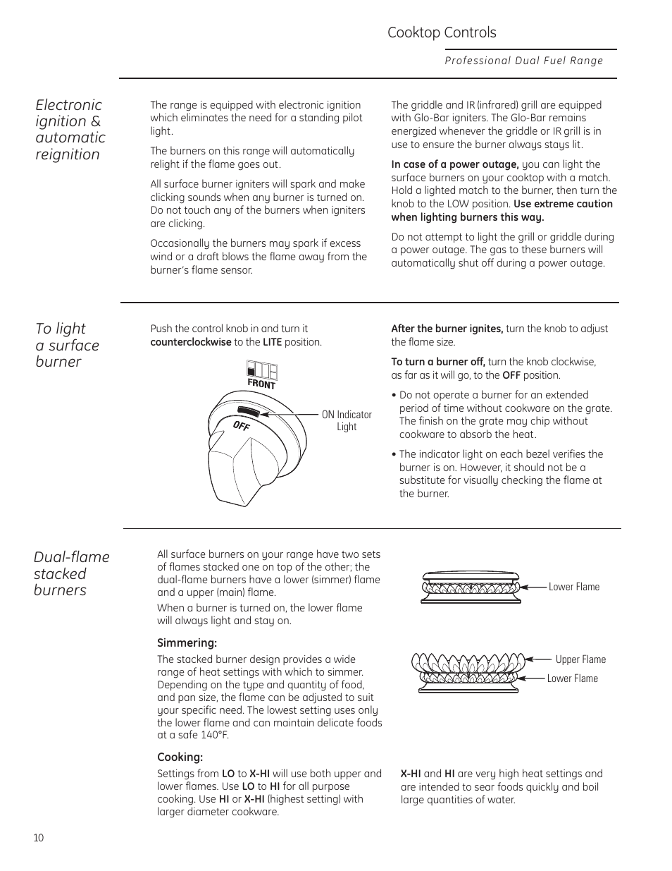 Burners, Dual-flame stacked burners, Cooktop controls | Electronic ignition & automatic reignition | GE Monogram ZDP484LGPSS User Manual | Page 10 / 128