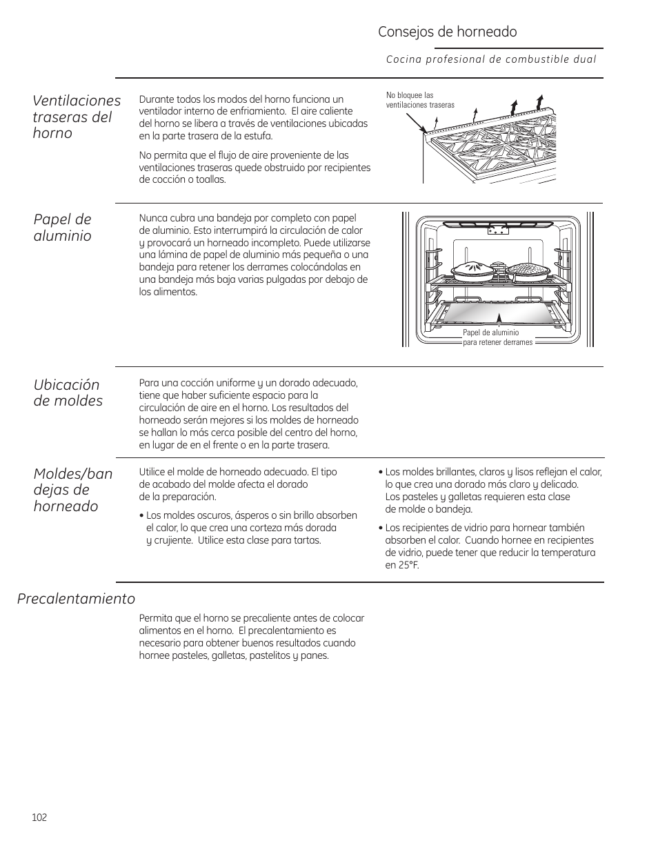 Horneado/rostizado, Horneado/rostizado , 104, Consejos de horneado | Ubicación de moldes, Precalentamiento, Papel de aluminio, Ventilaciones traseras del horno, Moldes/ban dejas de horneado | GE Monogram ZDP484LGPSS User Manual | Page 102 / 128