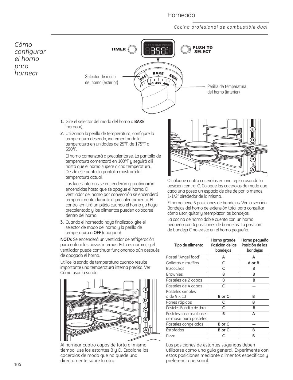 Horneado, Cómo configurar el horno para hornear | GE Monogram ZDP484LGPSS User Manual | Page 104 / 128