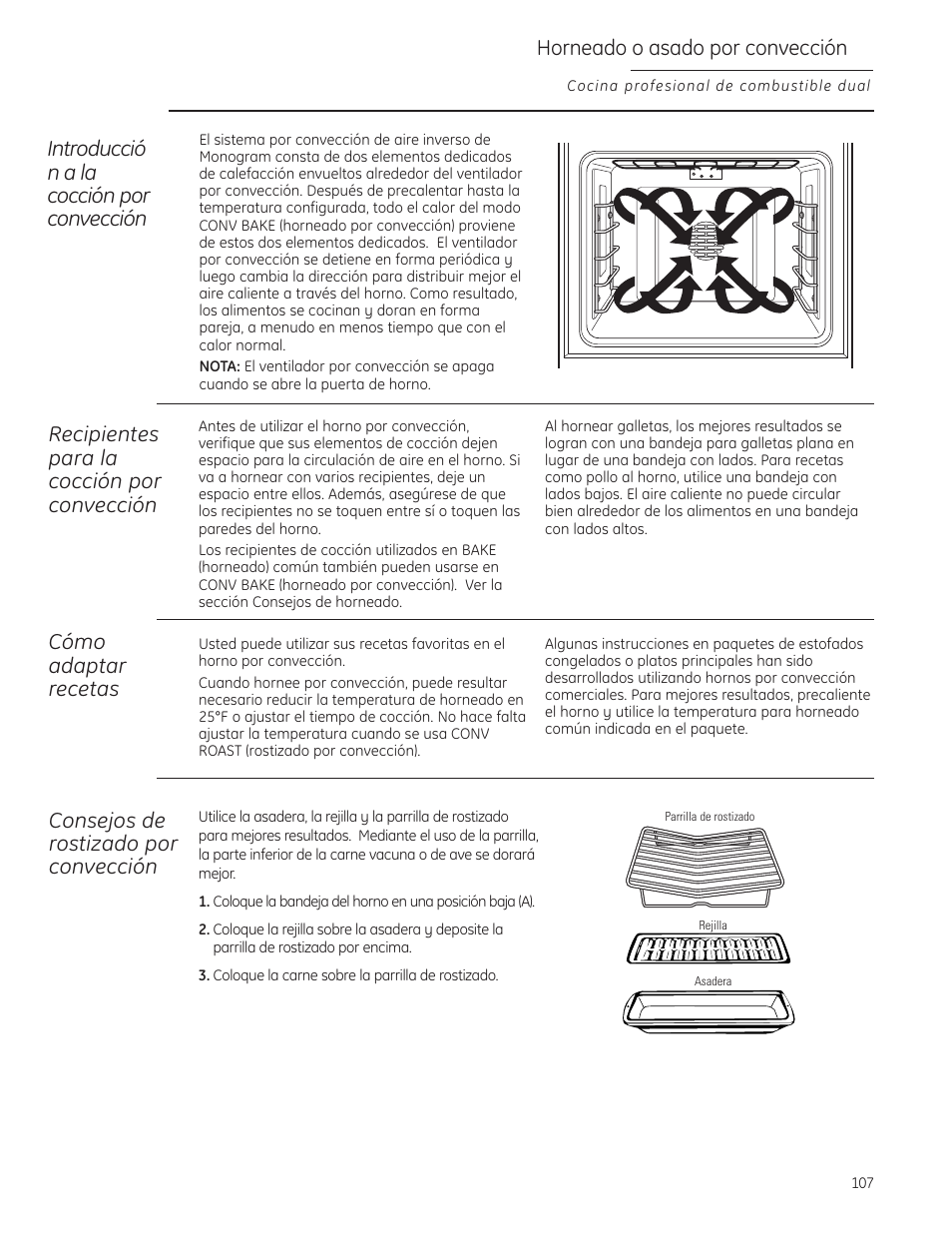 Horneado o asado por convección, Introducció n a la cocción por convección, Recipientes para la cocción por convección | Cómo adaptar recetas, Consejos de rostizado por convección | GE Monogram ZDP484LGPSS User Manual | Page 107 / 128