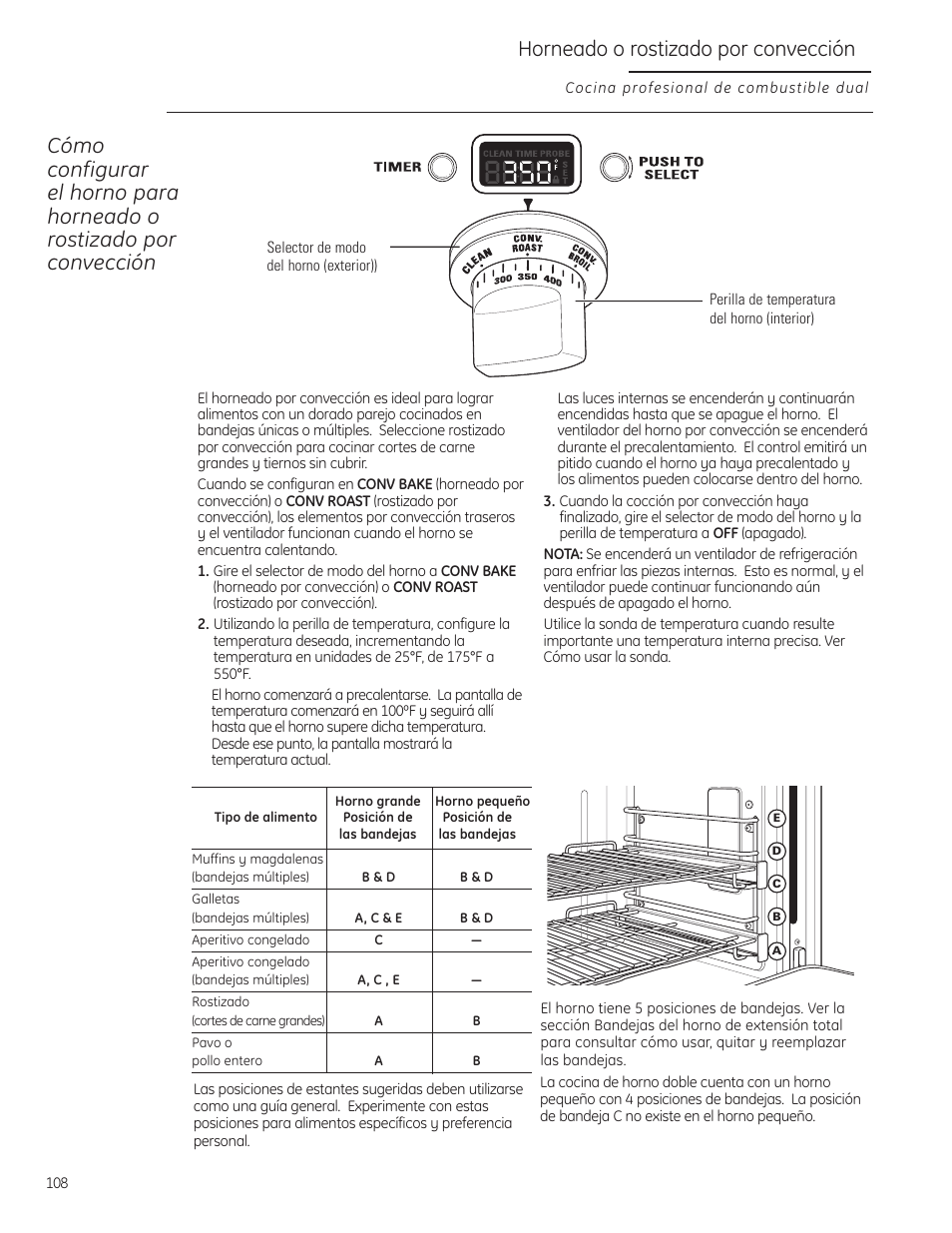 Cocción por convección, Cocción por convección –109 | GE Monogram ZDP484LGPSS User Manual | Page 108 / 128