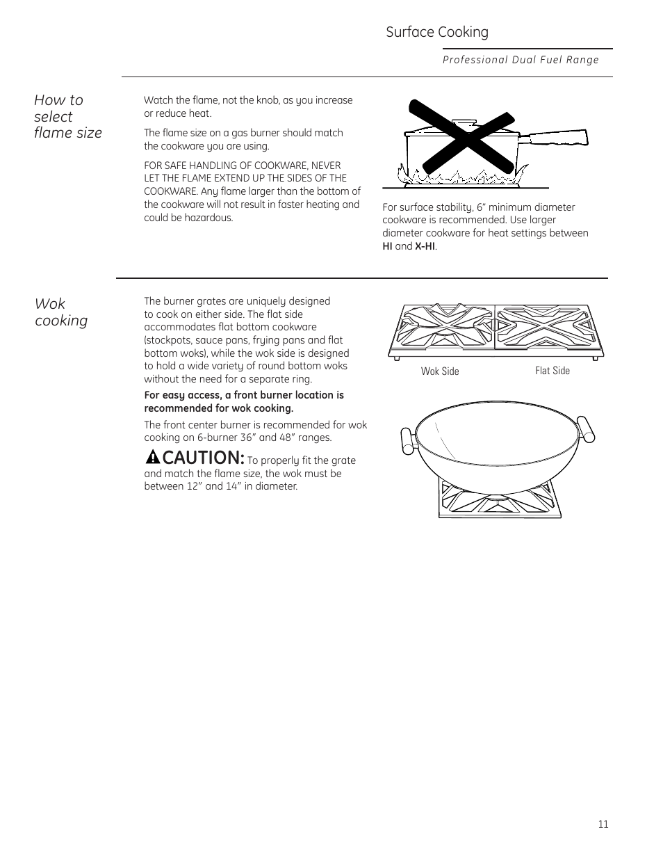 Cookware, Burner grates, Burner grates , 35 | Caution, How to select flame size, Surface cooking, Wok cooking | GE Monogram ZDP484LGPSS User Manual | Page 11 / 128