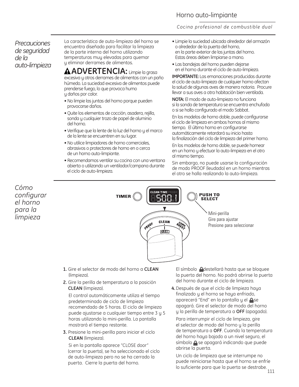 Instruccionesde auto-limpieza, Instrucciones de auto-limpieza , 112, Advertencia | Horno auto-limpiante, Precauciones de seguridad de la auto-limpieza, Cómo configurar el horno para la limpieza | GE Monogram ZDP484LGPSS User Manual | Page 111 / 128