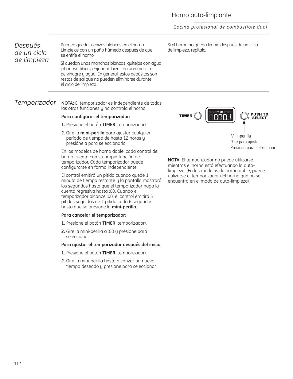 Temporizador, Después de un ciclo de limpieza, Horno auto-limpiante | GE Monogram ZDP484LGPSS User Manual | Page 112 / 128