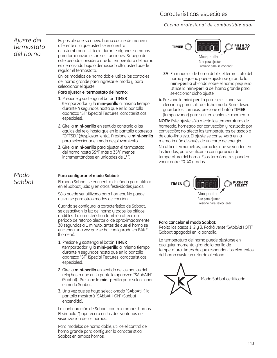 Características especiales, Ajuste del termostato del horno, Modo sabbat | GE Monogram ZDP484LGPSS User Manual | Page 113 / 128