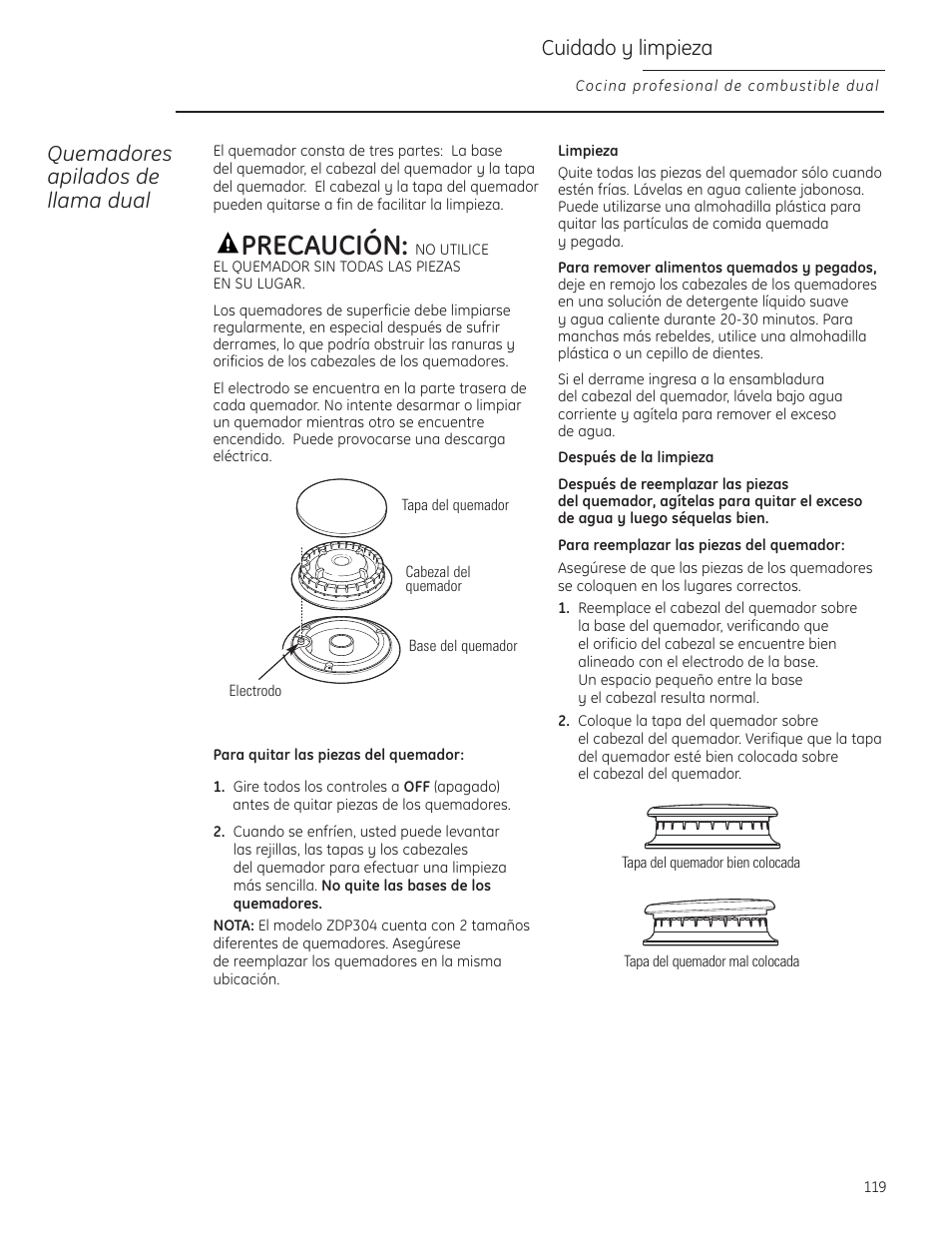 Ensambladuras del quemador herméticas, Ensambladuras del quemador herméticas , 120, Precaución | Cuidado y limpieza, Quemadores apilados de llama dual | GE Monogram ZDP484LGPSS User Manual | Page 119 / 128