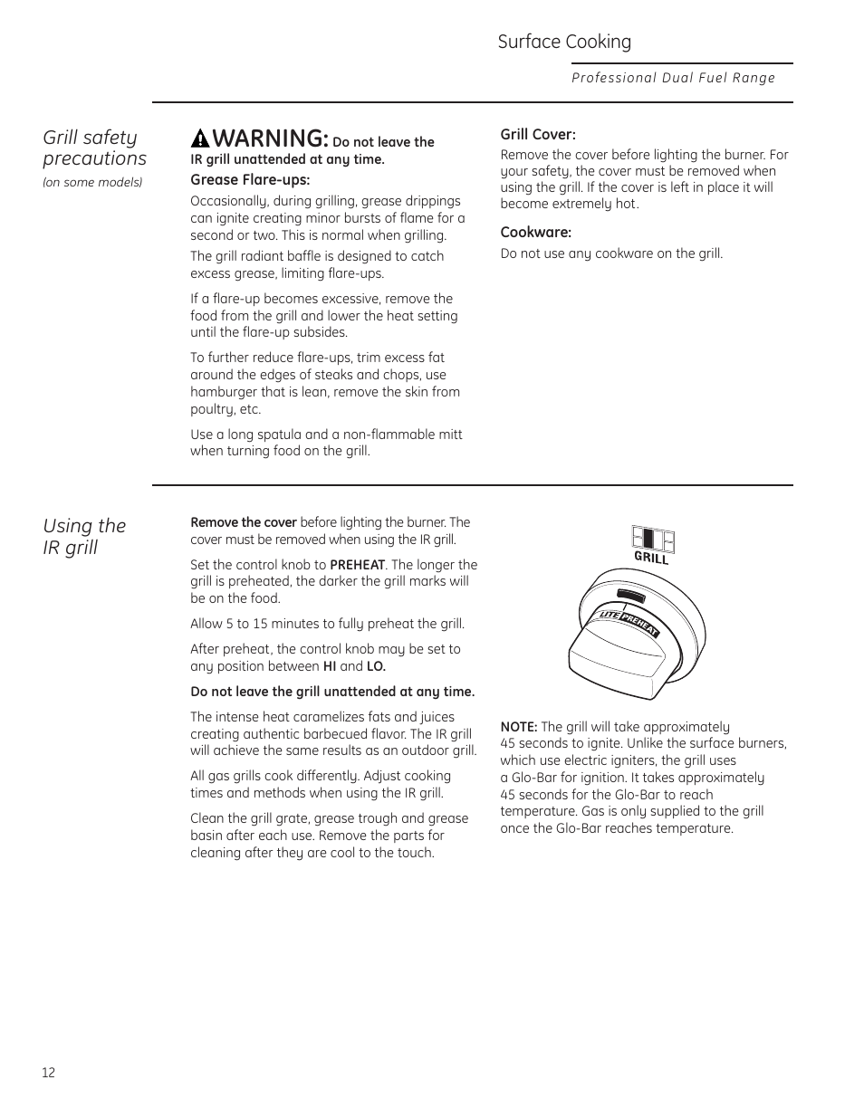 Grill, Grill , 13, Warning | Grill safety precautions, Using the ir grill, Surface cooking | GE Monogram ZDP484LGPSS User Manual | Page 12 / 128