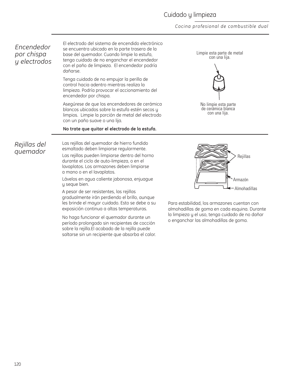 Tapas del quemador, Puerta del horno desmontable, Tapas del quemador , 121 | Parrilla puerta del horno desmontable , 118, Encendedor por chispa y electrodos, Cuidado y limpieza, Rejillas del quemador | GE Monogram ZDP484LGPSS User Manual | Page 120 / 128