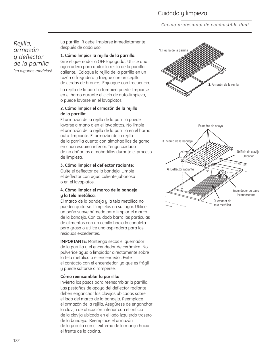 Rejilla, armazón y deflector de la parrilla, Cuidado y limpieza | GE Monogram ZDP484LGPSS User Manual | Page 122 / 128