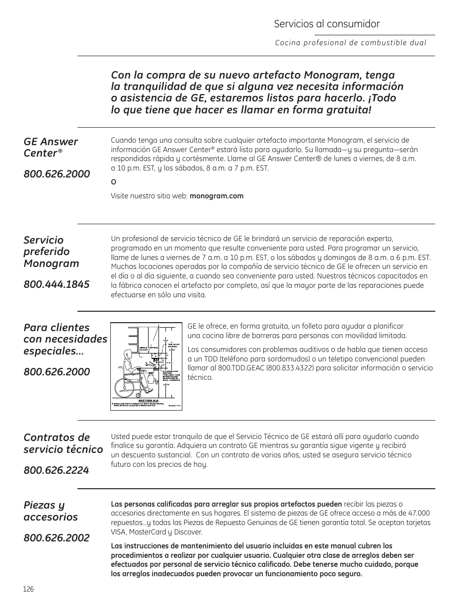 Números telefónicos importantes, Números telefónicos importantes . 126, Servicios al consumidor | GE Monogram ZDP484LGPSS User Manual | Page 126 / 128