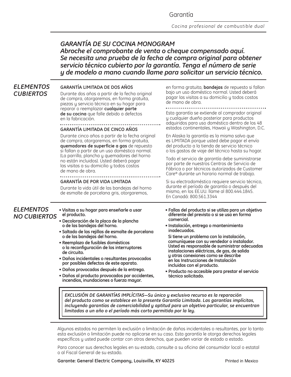 Garantía, Elementos cubiertos, Elementos no cubiertos | GE Monogram ZDP484LGPSS User Manual | Page 128 / 128