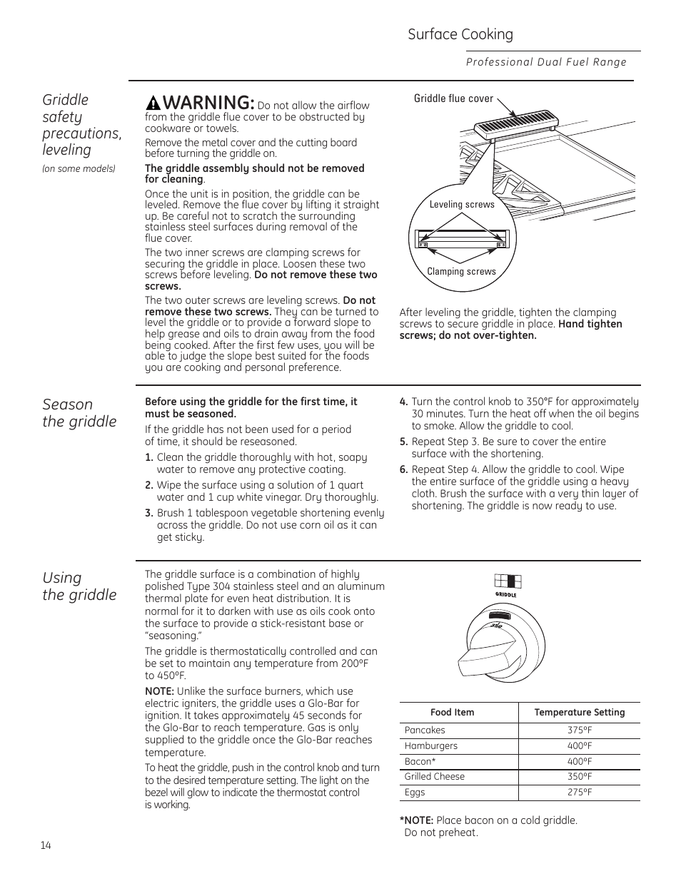 Griddle, Warning, Griddle safety precautions, leveling | Surface cooking, Season the griddle, Using the griddle | GE Monogram ZDP484LGPSS User Manual | Page 14 / 128