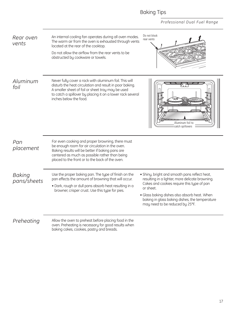 Baking/roasting, Baking/roasting , 19, Baking tips | Pan placement, Preheating, Aluminum foil, Rear oven vents, Baking pans/sheets | GE Monogram ZDP484LGPSS User Manual | Page 17 / 128