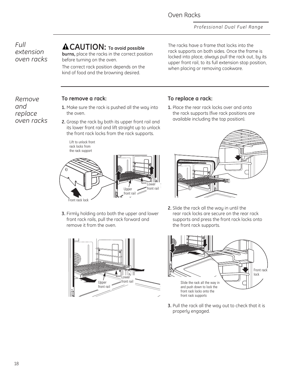 Caution, Oven racks, Full extension oven racks | Remove and replace oven racks | GE Monogram ZDP484LGPSS User Manual | Page 18 / 128