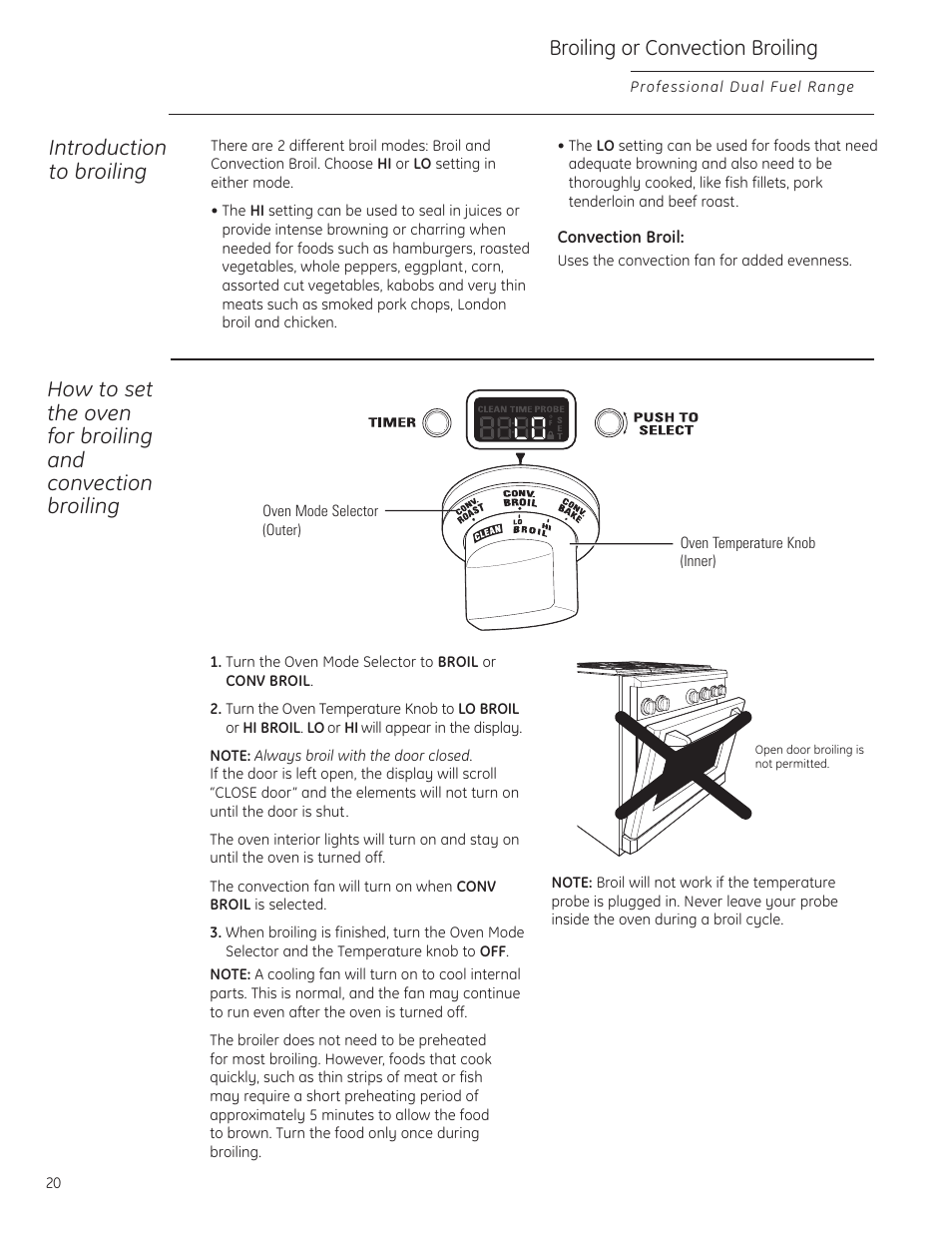 Broiling/broiling guide, Broiling/broiling guide –22, Broiling or convection broiling | Introduction to broiling | GE Monogram ZDP484LGPSS User Manual | Page 20 / 128
