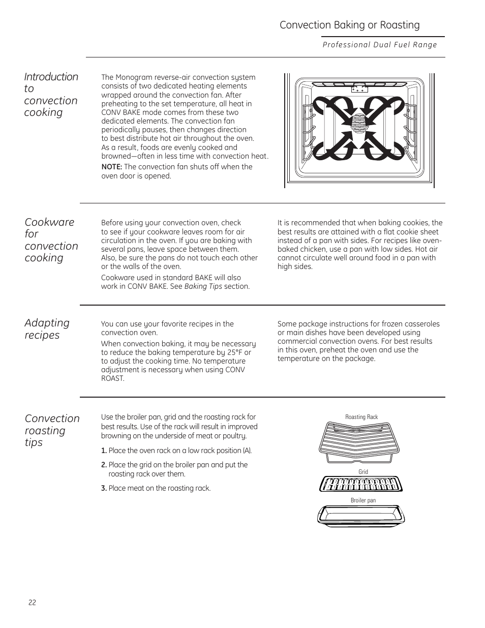 Convection baking or roasting, Introduction to convection cooking, Cookware for convection cooking | Adapting recipes, Convection roasting tips | GE Monogram ZDP484LGPSS User Manual | Page 22 / 128