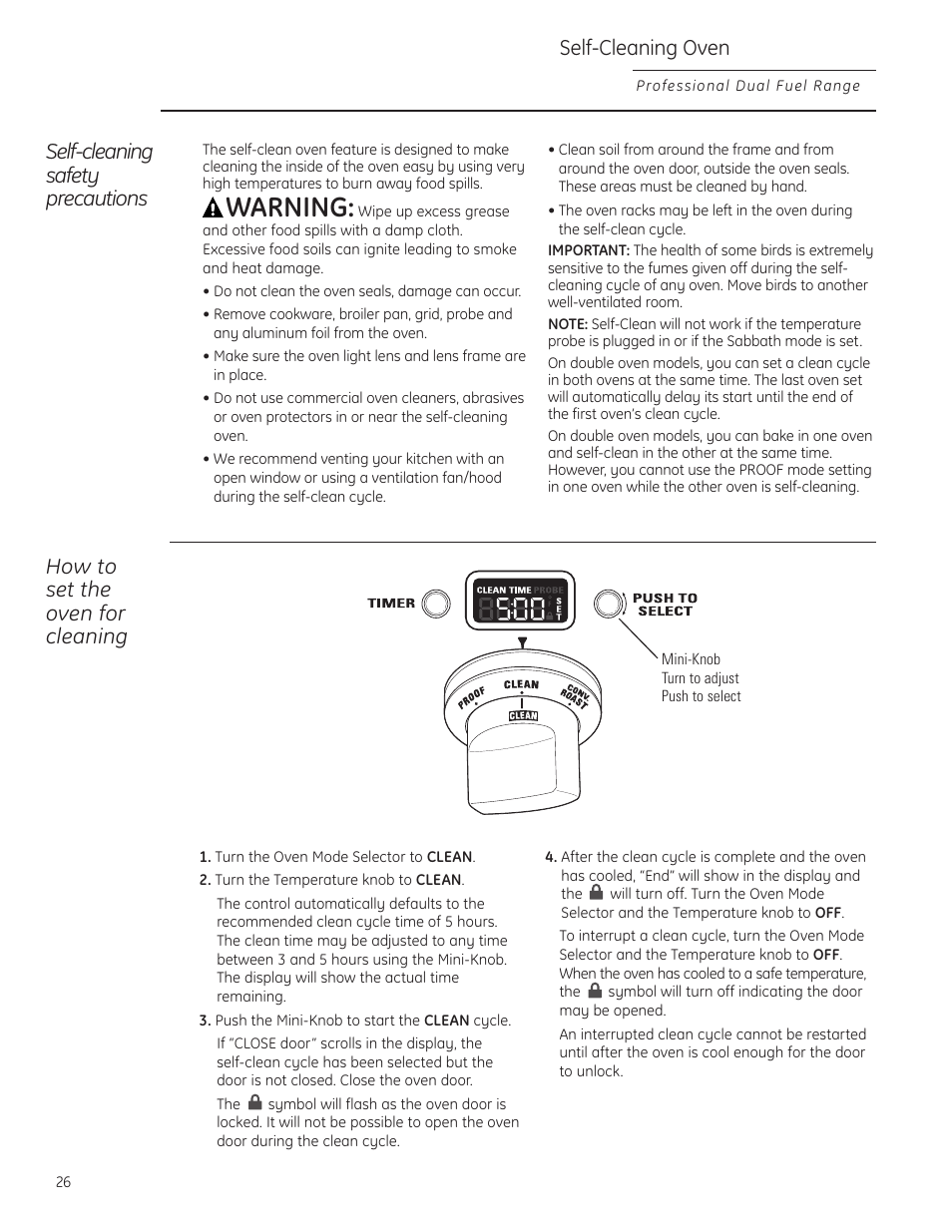 Self-cleaning instructions, Self-cleaning instructions , 27, Warning | Self-cleaning oven, Self-cleaning safety precautions, How to set the oven for cleaning | GE Monogram ZDP484LGPSS User Manual | Page 26 / 128