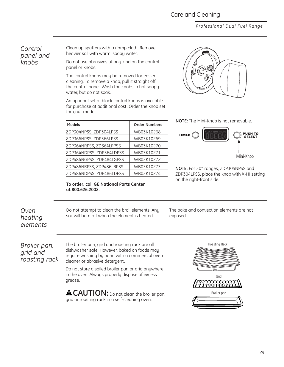 Broiler pan, grid and roasting rack, Control panel and knobs, Oven heating elements | Caution, Care and cleaning | GE Monogram ZDP484LGPSS User Manual | Page 29 / 128