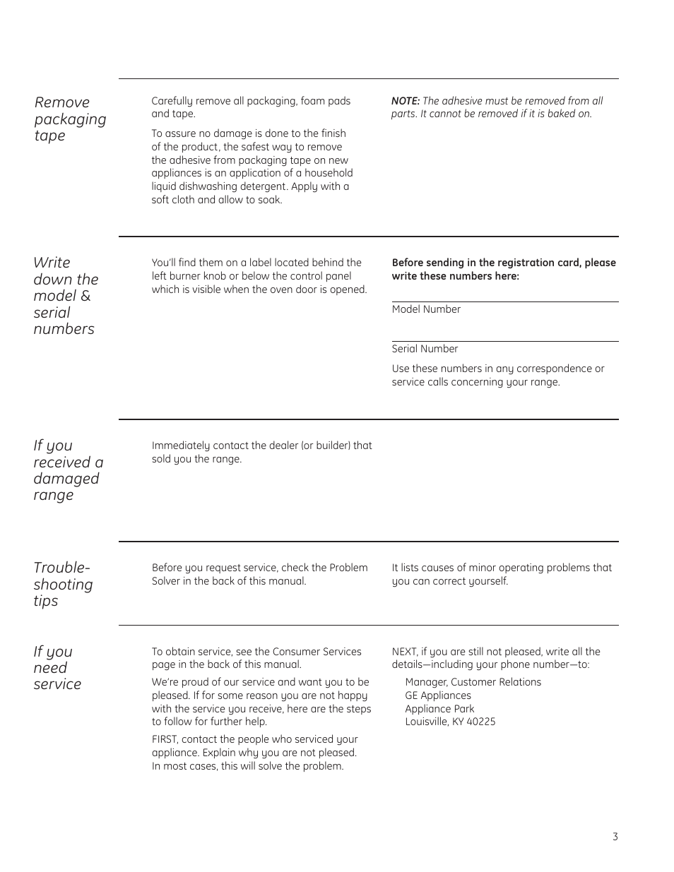 Model and serial number, Write down the model & serial numbers, If you received a damaged range | Trouble- shooting tips, If you need service, Remove packaging tape | GE Monogram ZDP484LGPSS User Manual | Page 3 / 128