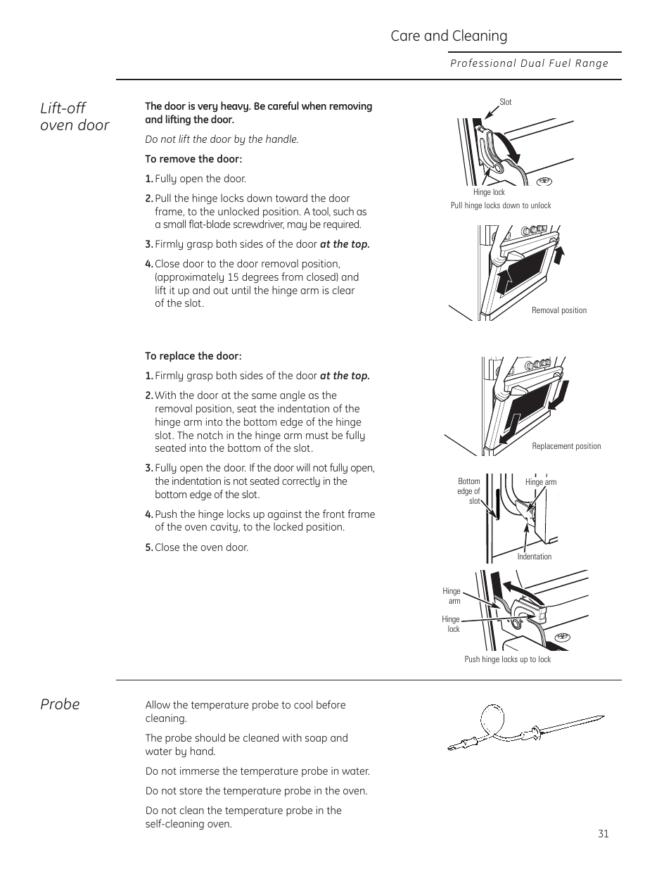 Lift-off oven door, Probe, Lift-off oven door , 33 | Care and cleaning | GE Monogram ZDP484LGPSS User Manual | Page 31 / 128
