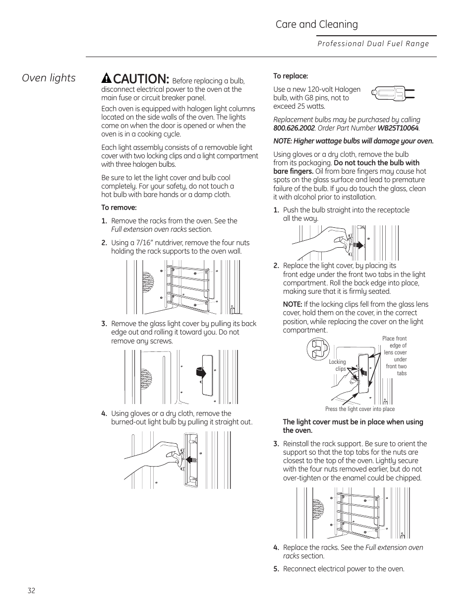 Oven lights, Caution, Care and cleaning | GE Monogram ZDP484LGPSS User Manual | Page 32 / 128