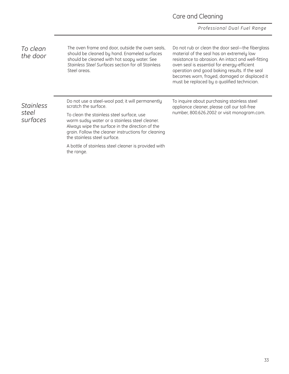 Stainless steel, Care and cleaning, Stainless steel surfaces | GE Monogram ZDP484LGPSS User Manual | Page 33 / 128