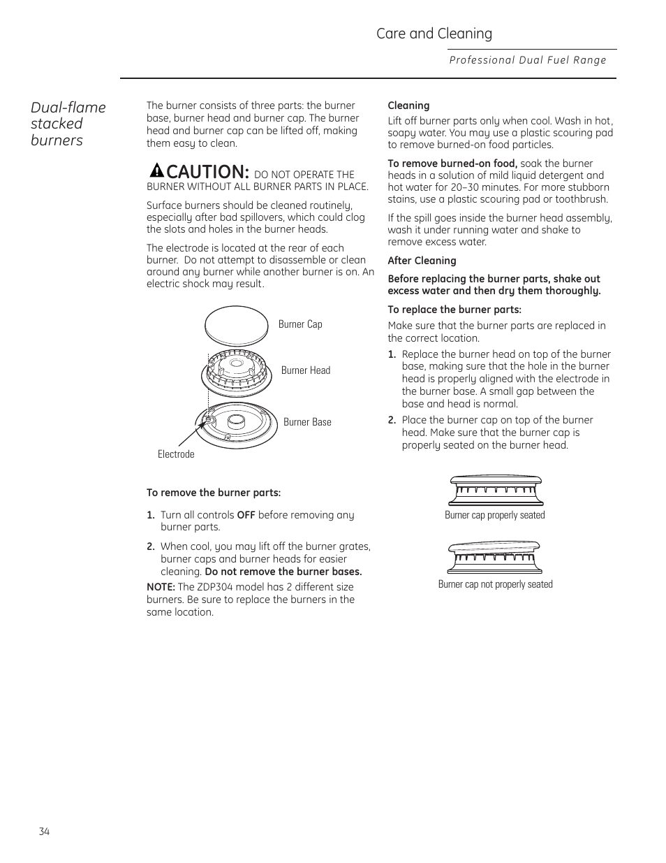 Burner caps, Sealed burner assemblies, Burner caps , 35 | Sealed burner assemblies , 35, Caution, Care and cleaning, Dual-flame stacked burners | GE Monogram ZDP484LGPSS User Manual | Page 34 / 128
