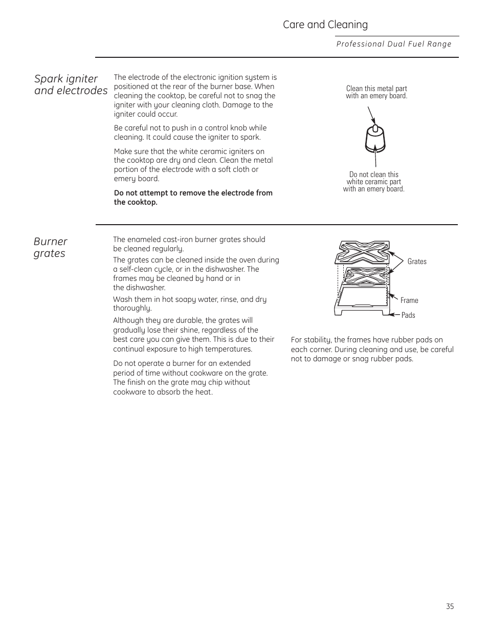 Spark igniter and electrodes, Care and cleaning, Burner grates | GE Monogram ZDP484LGPSS User Manual | Page 35 / 128