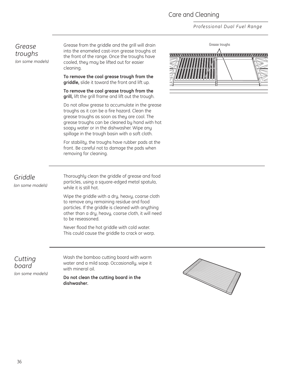 Cutting board, Grease troughs, Griddle | Cutting board grease troughs griddle, Care and cleaning | GE Monogram ZDP484LGPSS User Manual | Page 36 / 128