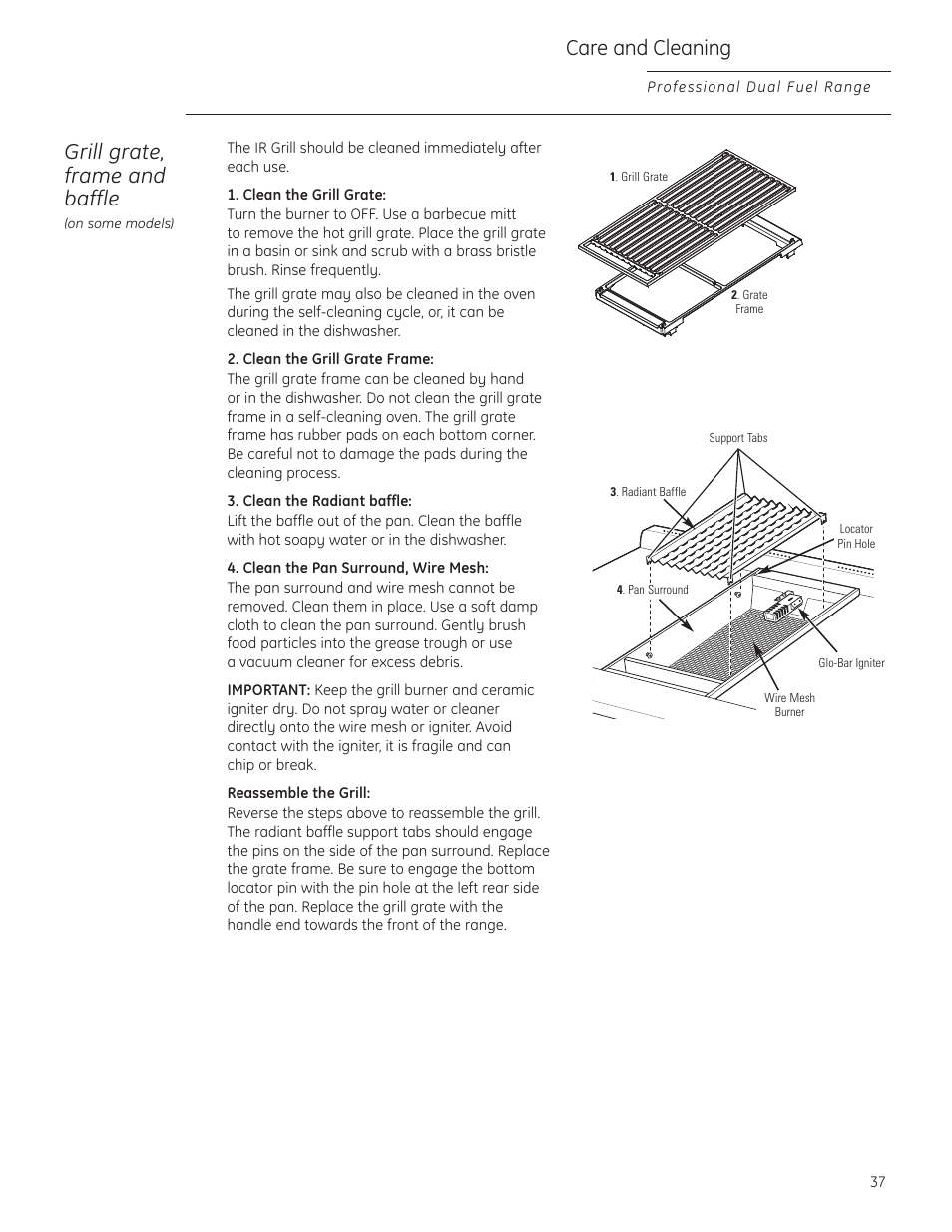 Grill, Grill grate, frame and baffle, Care and cleaning | GE Monogram ZDP484LGPSS User Manual | Page 37 / 128