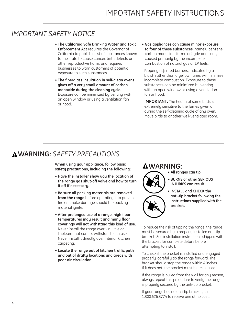 Important safety instructions, Important safety notice, Warning: safety precautions | Warning | GE Monogram ZDP484LGPSS User Manual | Page 4 / 128