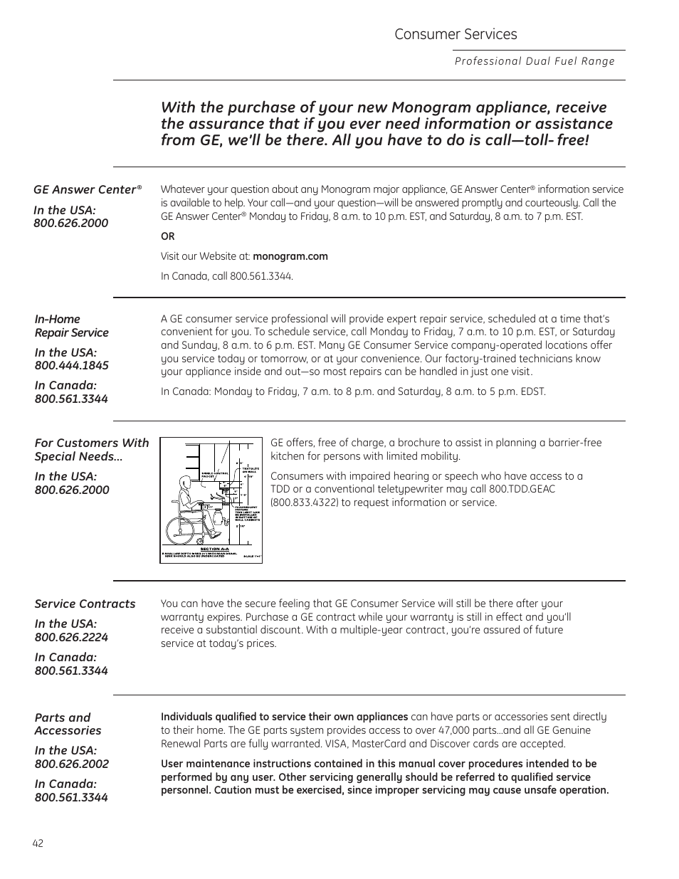 Important phone numbers, Consumer services | GE Monogram ZDP484LGPSS User Manual | Page 42 / 128