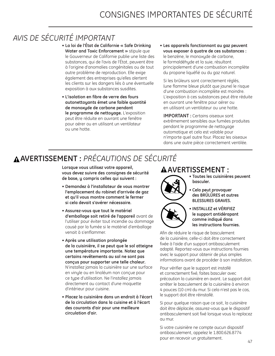 Consignes importantes de sécurité, Avis de sécurité important, Avertissement : précautions de sécurité | Avertissement | GE Monogram ZDP484LGPSS User Manual | Page 47 / 128