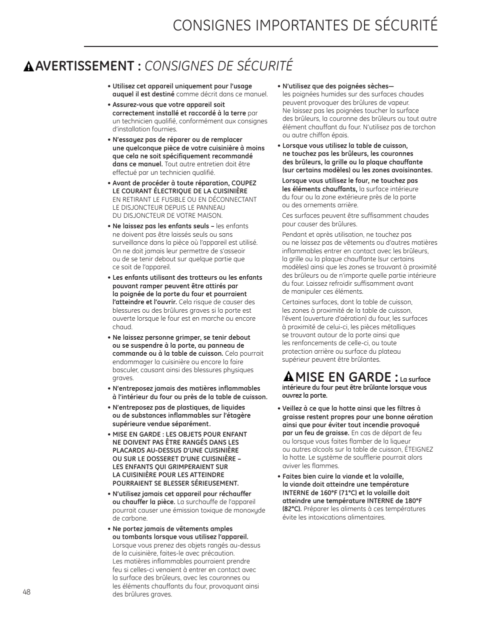 Consignes importantes de sécurité, Avertissement : consignes de sécurité, Mise en garde | GE Monogram ZDP484LGPSS User Manual | Page 48 / 128