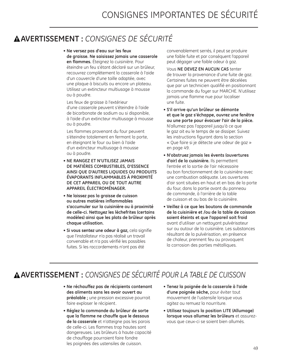 Consignes de sécurité, Consignes de sécurité , 51–55, Consignes importantes de sécurité | Avertissement : consignes de sécurité | GE Monogram ZDP484LGPSS User Manual | Page 49 / 128