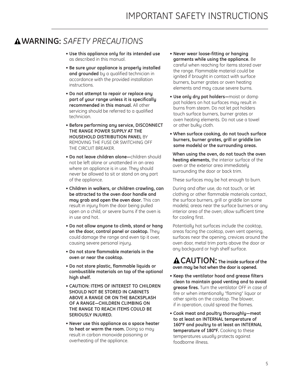 Important safety instructions, Warning: safety precautions, Caution | GE Monogram ZDP484LGPSS User Manual | Page 5 / 128