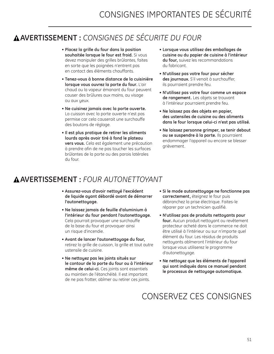 Avertissement : consignes de sécurite du four, Avertissement : four autonettoyant | GE Monogram ZDP484LGPSS User Manual | Page 51 / 128