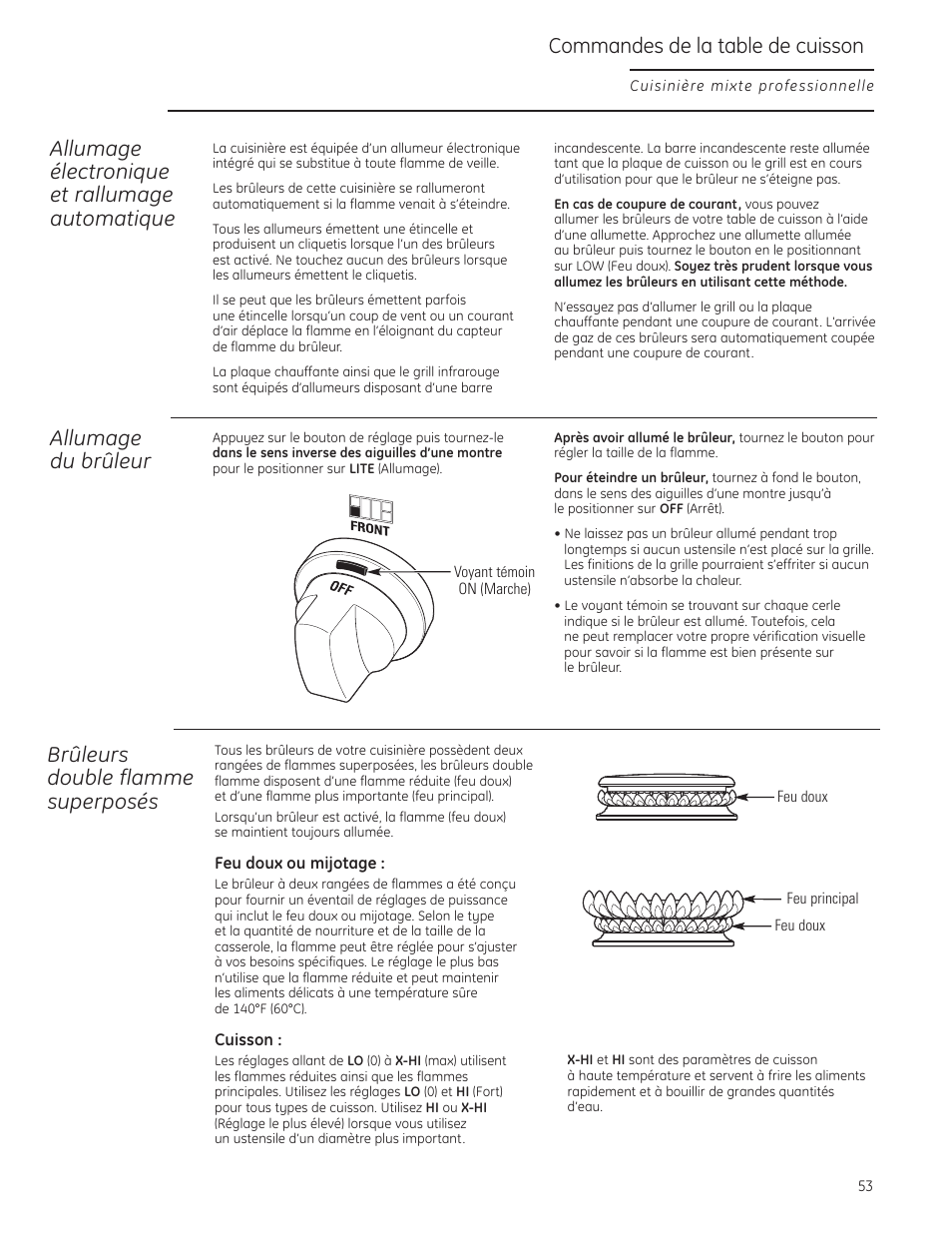 Commandes de la table de cuisson, Allumage électronique et rallumage automatique, Allumage du brûleur | Brûleurs double flamme superposés | GE Monogram ZDP484LGPSS User Manual | Page 53 / 128