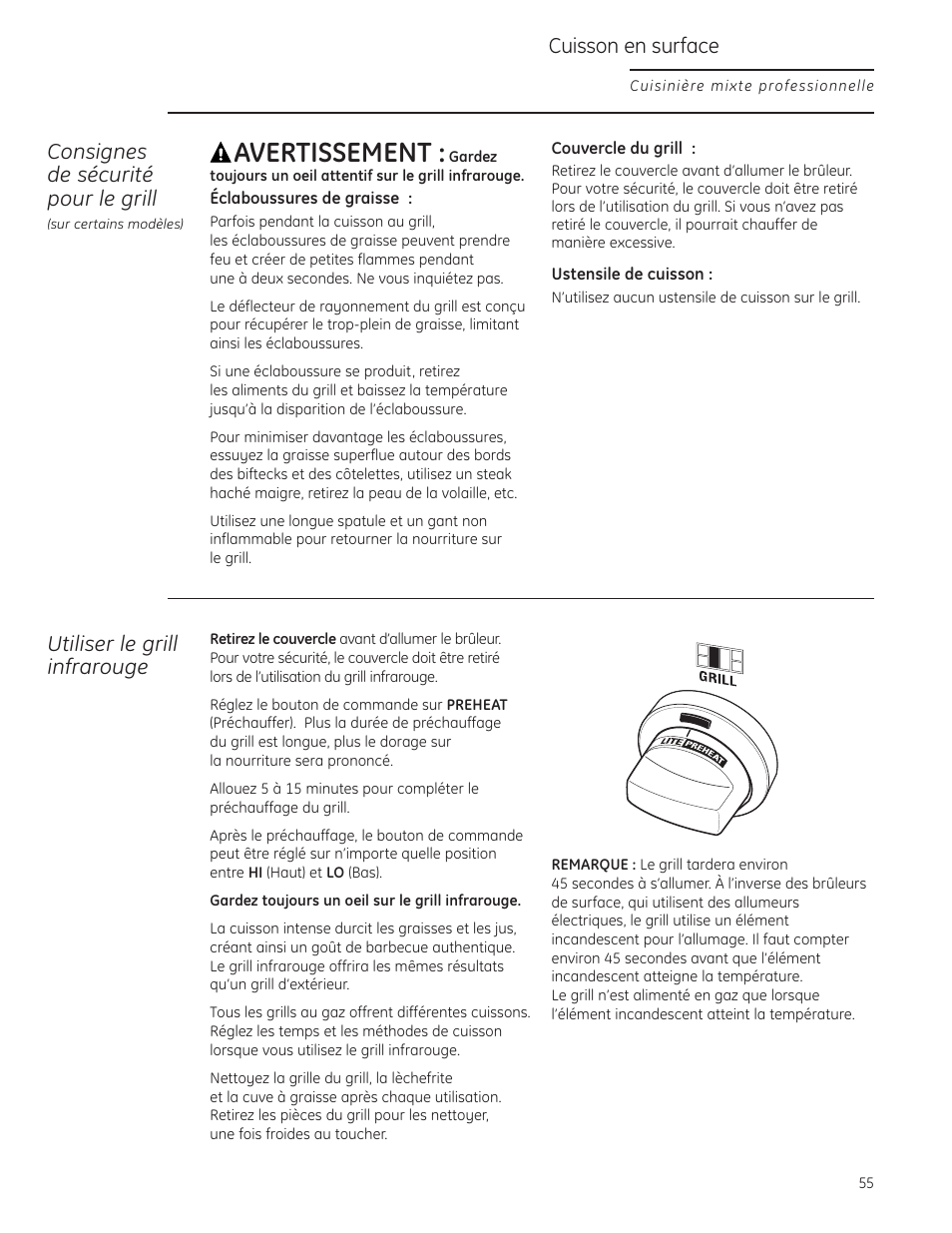 Avertissement, Consignes de sécurité pour le grill, Utiliser le grill infrarouge | Cuisson en surface | GE Monogram ZDP484LGPSS User Manual | Page 55 / 128