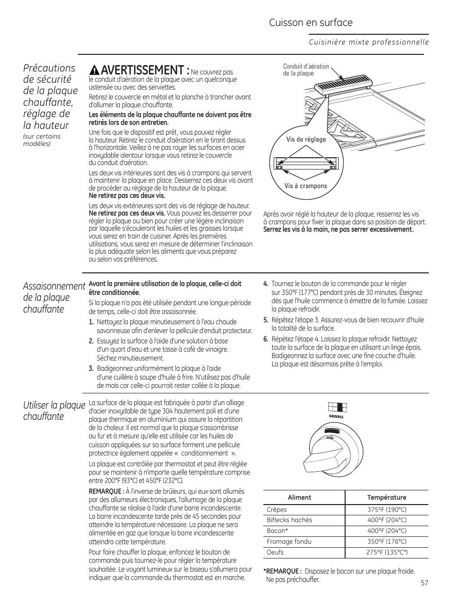 Brûleurs, Brûleurs double flamme superposés, Brûleurs brûleurs double flamme superposés | Avertissement, Cuisson en surface, Assaisonnement de la plaque chauffante, Utiliser la plaque chauffante | GE Monogram ZDP484LGPSS User Manual | Page 57 / 128