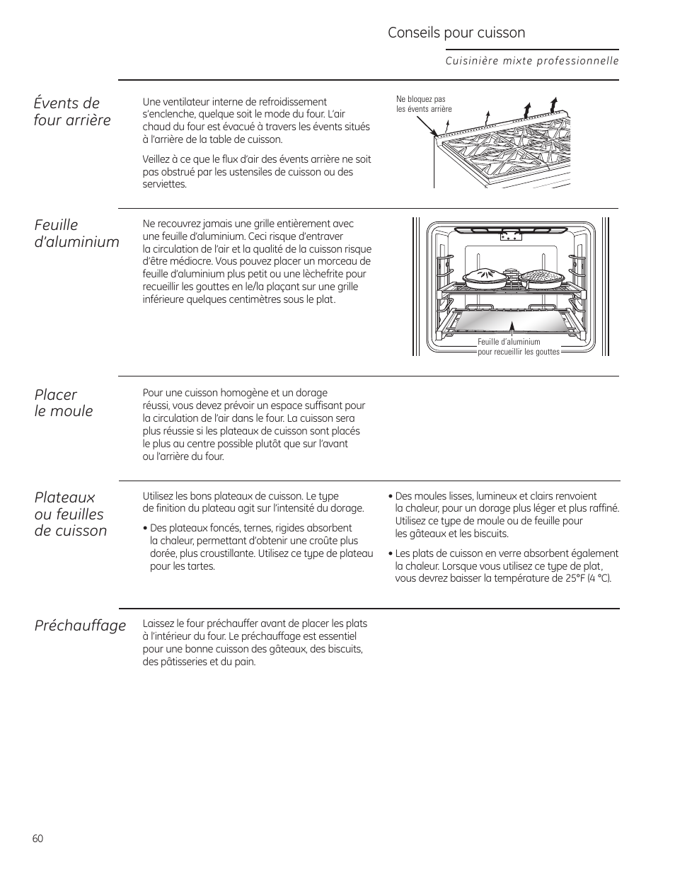 Conseils pour cuisson, Placer le moule, Préchauffage | Feuille d’aluminium, Évents de four arrière, Plateaux ou feuilles de cuisson | GE Monogram ZDP484LGPSS User Manual | Page 60 / 128