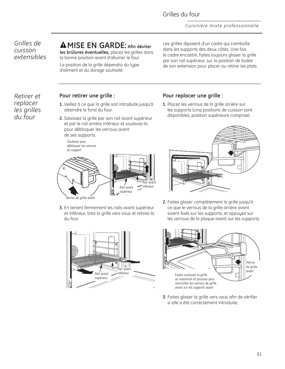 Plaque chauffante, Mise en garde, Grilles du four | Grilles de cuisson extensibles, Retirer et replacer les grilles du four | GE Monogram ZDP484LGPSS User Manual | Page 61 / 128
