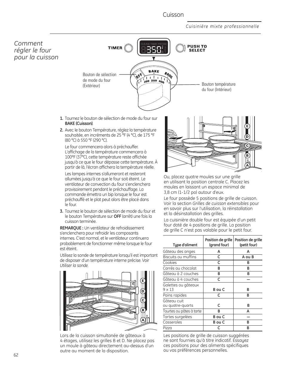 Cuisson, Comment régler le four pour la cuisson | GE Monogram ZDP484LGPSS User Manual | Page 62 / 128