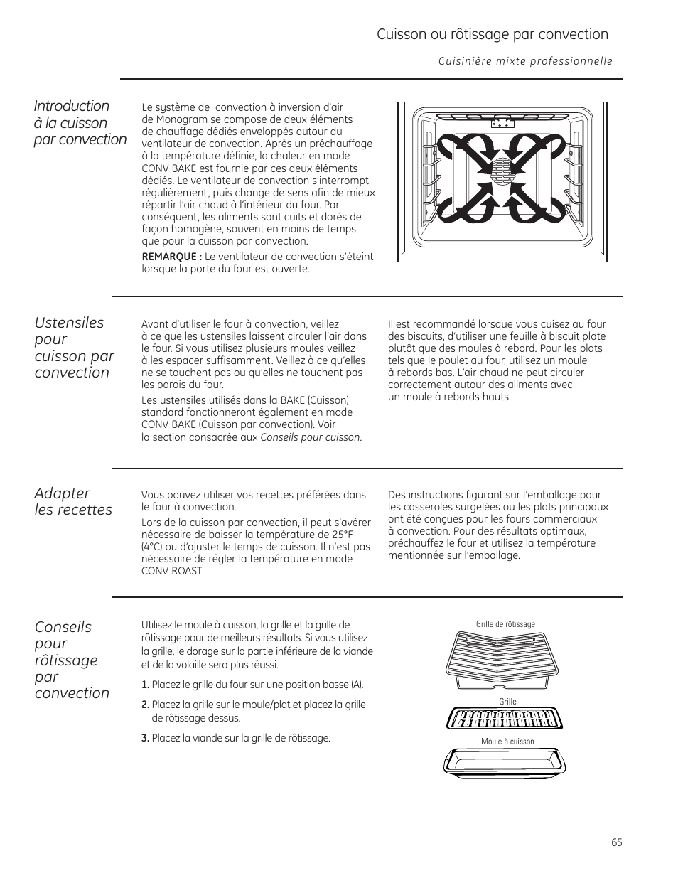 Cuisson ou rôtissage par convection, Introduction à la cuisson par convection, Ustensiles pour cuisson par convection | Adapter les recettes, Conseils pour rôtissage par convection | GE Monogram ZDP484LGPSS User Manual | Page 65 / 128
