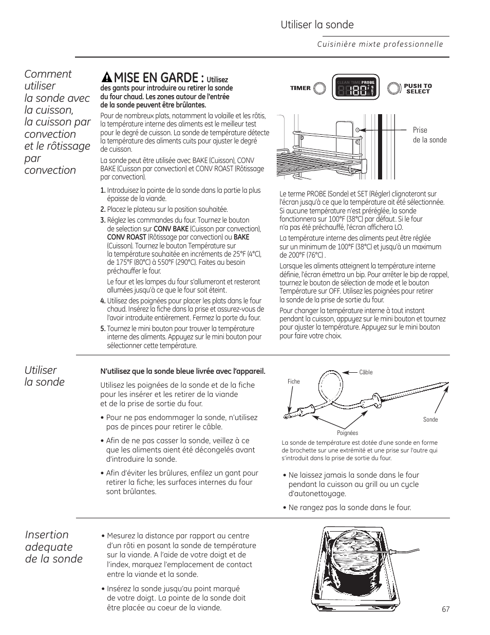Cuisson au grill/guide de cuisson au grill, Cuisson au grill/guide de cuisson au grill –68, Mise en garde | Utiliser la sonde, Insertion adequate de la sonde | GE Monogram ZDP484LGPSS User Manual | Page 67 / 128