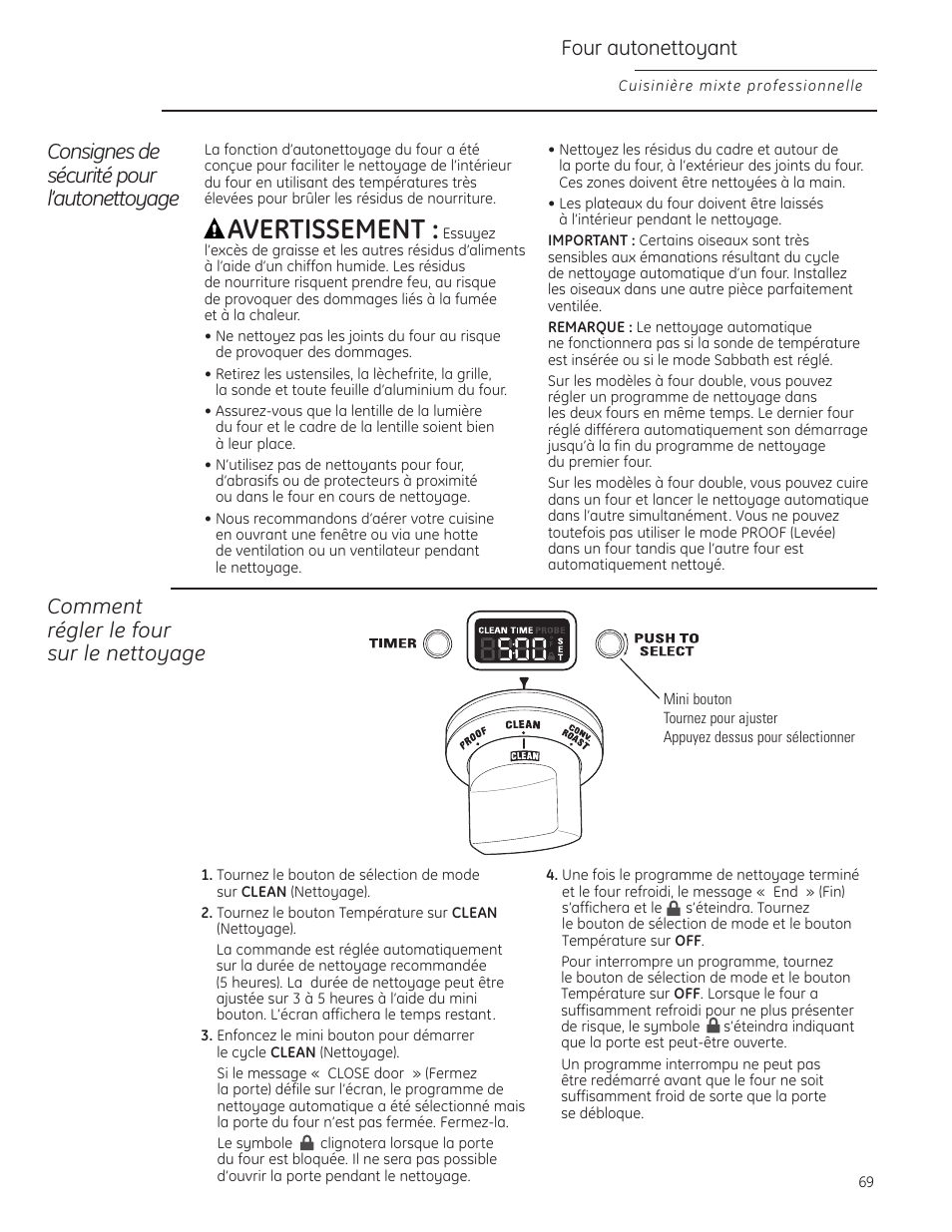 Cuisson par convection, Cuisson par convection –70, Avertissement | Four autonettoyant, Consignes de sécurité pour l’autonettoyage, Comment régler le four sur le nettoyage | GE Monogram ZDP484LGPSS User Manual | Page 69 / 128