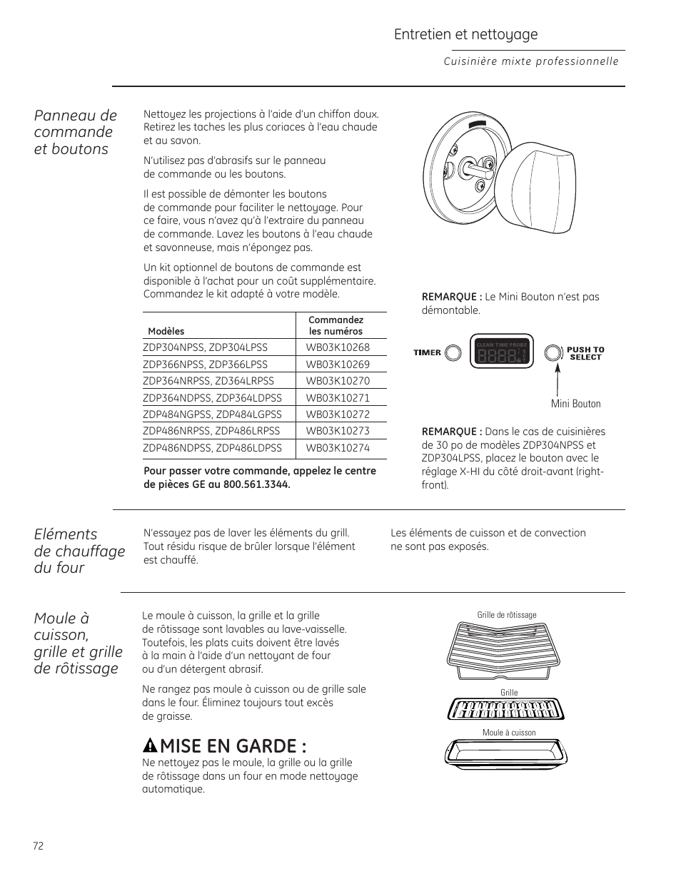 Levée, Mise en garde, Panneau de commande et boutons | Eléments de chauffage du four, Moule à cuisson, grille et grille de rôtissage, Entretien et nettoyage | GE Monogram ZDP484LGPSS User Manual | Page 72 / 128