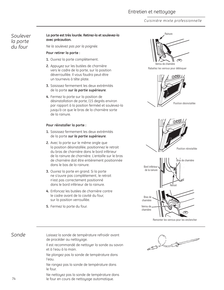 Entretien et nettoyage, Soulever la porte du four, Sonde | GE Monogram ZDP484LGPSS User Manual | Page 74 / 128