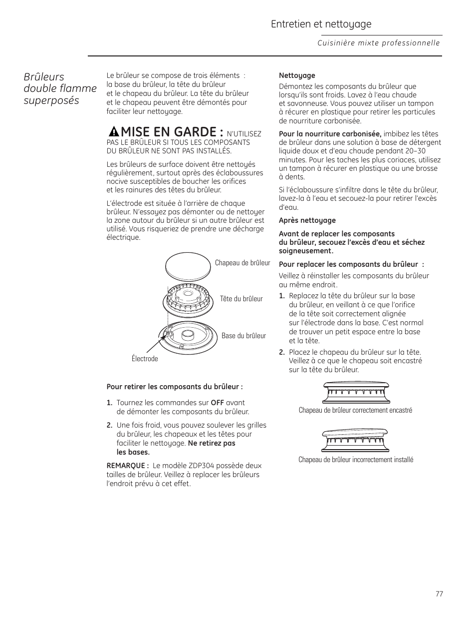 Grilles de four autonettoyantes, Mise en garde, Entretien et nettoyage | Brûleurs double flamme superposés | GE Monogram ZDP484LGPSS User Manual | Page 77 / 128