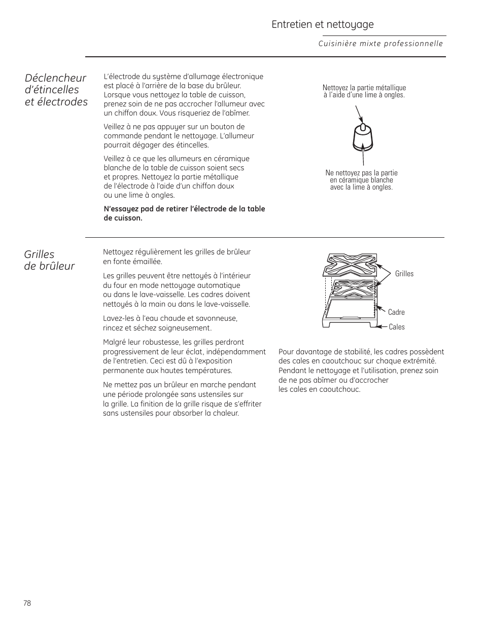 Porte du four à démontage vertical, Sonde, Porte du four à démontage vertical , 80 sonde | Déclencheur d’étincelles et électrodes, Entretien et nettoyage, Grilles de brûleur | GE Monogram ZDP484LGPSS User Manual | Page 78 / 128